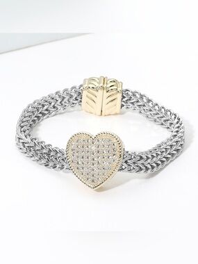 14K Gold Plated Two Tone CZ Pave Heart Centerpiece Mesh Chain Magnetic Bracelet